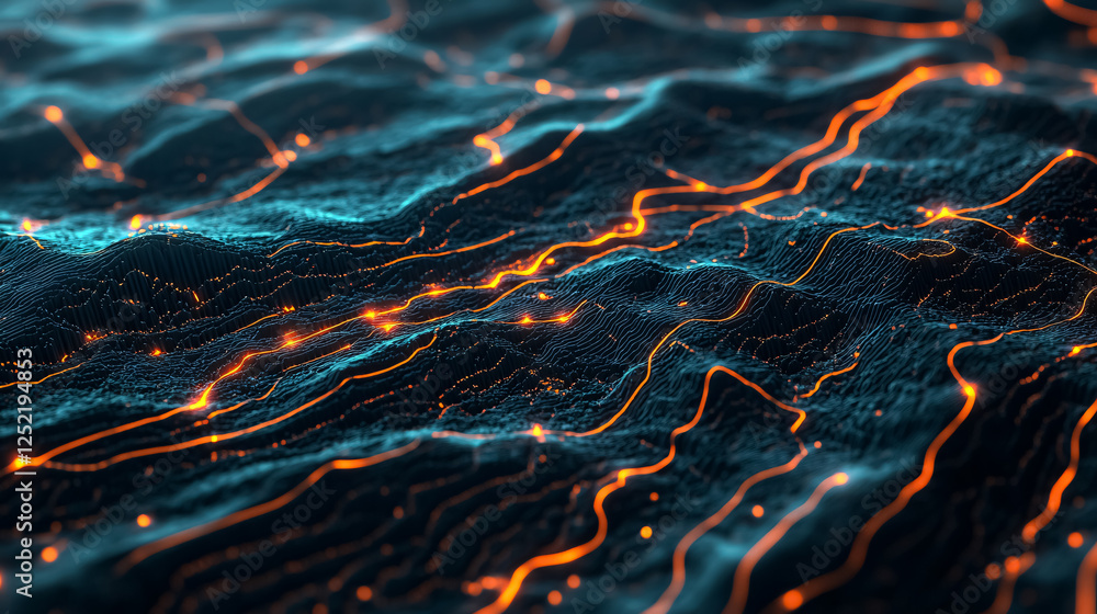 Wall mural an illuminated digital map showcasing glowing waypoints and topography lines over a 3d landscape.