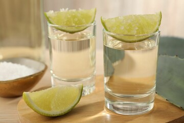 Tequila shots with lime slices, salt and agave leaves on wooden table, closeup
