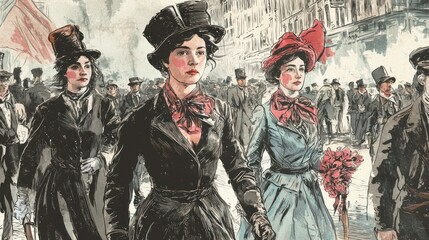 A nostalgic International Women's Day illustration depicting early suffragette movements. 