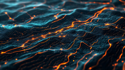 An illuminated digital map showcasing glowing waypoints and topography lines over a 3D landscape.
