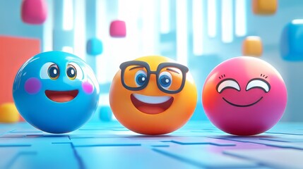 Three colorful, cheerful animated characters with expressive faces.