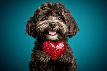 Portuguese water dog - my preferred dog. Cute portuguese water dog with sparkling rhinestones red heart - sign of love, funny greeting card. Ad visual idea creative layout. Love animals.