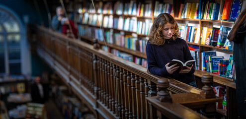 Fototapeta premium Teenage girl reading the book in the Marylebone bookstore in London, England
