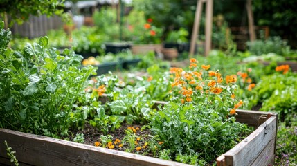 A peaceful home garden with blooming plants, vegetables, and a small pond in the background. 