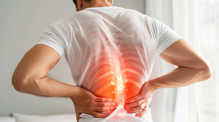 Man pain office syndrome at his back with highlight at backbone and spine.