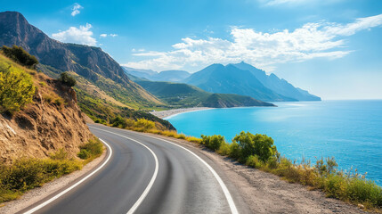 Beautiful nature scenery to travel on the colorful road landscape among the mountains by the sea. Traveling in the beach highway landscape during summer vacation.