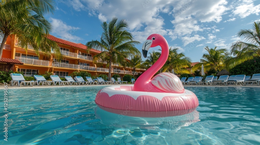 Poster a pink flamingo float in the center of a beach resort pool, surrounded by lounge chairs.