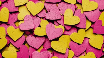 Fototapeta premium Colorful Wooden Hearts in Vibrant Pink and Yellow Arrangement