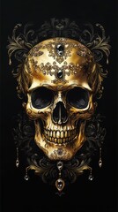 Ornate golden skull adorned with jewels and baroque flourishes