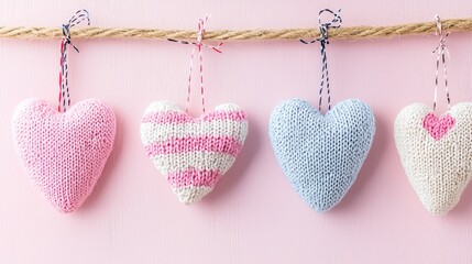 Colorful Knitted Hearts Displayed on a Rope for Home Decor