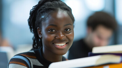 Young student, female, African American, smiling, sitting in school library