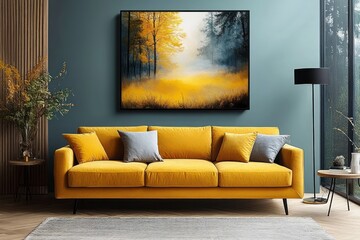 Modern living room with bright yellow sofa and teal wall featuring minimalist decor and autumn landscape art