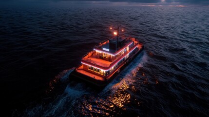 Naklejka premium A vibrant ferry gliding through dark waters at dusk, illuminated by colorful lights, creating a serene atmosphere
