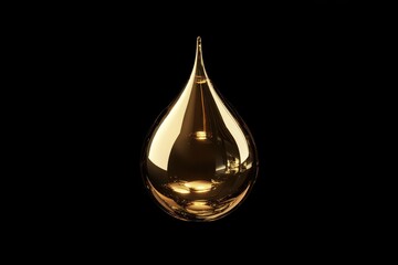 Fototapeta premium Golden droplet hangs suspended against a stark black background