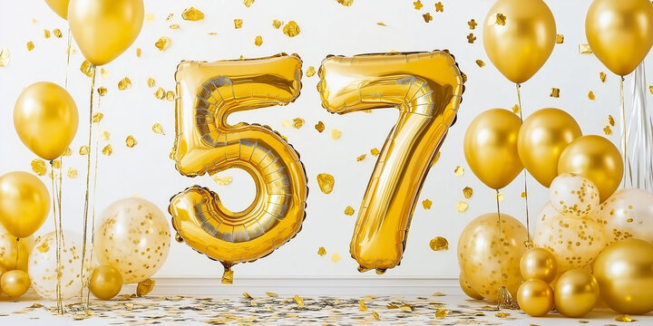 Gold number 57 balloons with confetti and gold decorations, white background. Celebrate your birthday or anniversary