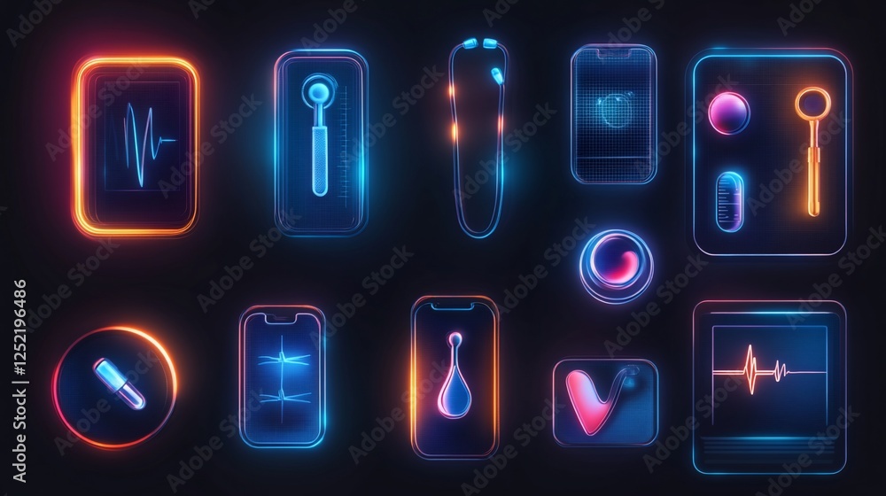Poster medical technology icons with neon glow effect and futuristic interface elements display
