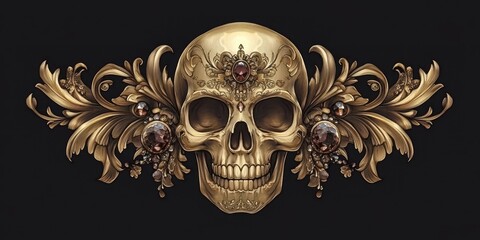 Golden skull with ornate baroque embellishments and dark background