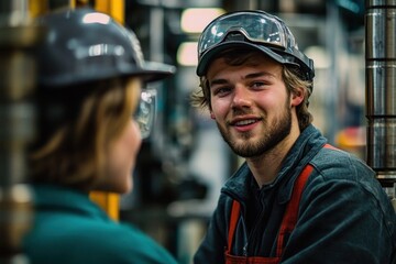 collaborating engineers on factory floor discussing innovative manufacturing solutions teamwork