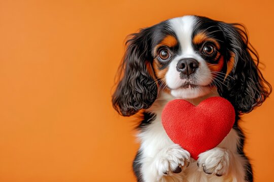 Cute cavalier king charles spaniel canine with domestic animal toy red heart - emblem of love, funny greeting card. Cavalier king charles spaniel - my desired dog. Ad idea. Pets with hearts.