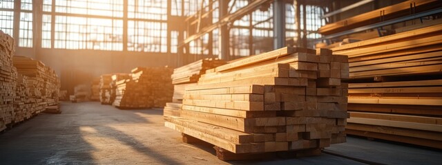 Fototapeta premium Sunlit Stacked Pine Wood Planks in Lumber Storage Facility Showcasing Modern Timber Processing and Production Organization
