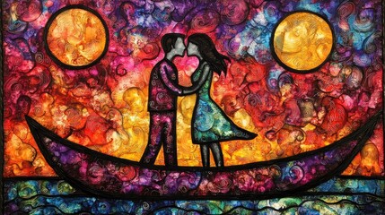 Romantic Couple Embracing on a Colorful Cosmic Background