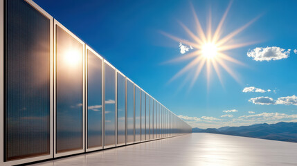 futuristic battery system under bright sun, showcasing renewable energy