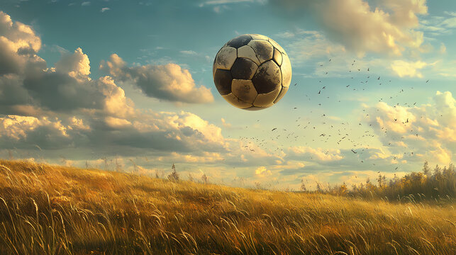 Football being kicked by an invisible force through a field with tall grass, ball, field, football, landscape. Invisible Beings. Illustration