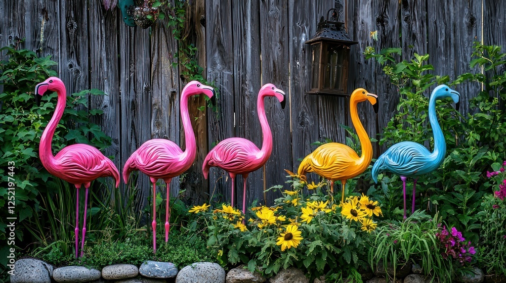 Aufkleber A quirky garden with a mix of colorful lawn flamingos placed in front of a rustic fence 