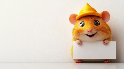 Fototapeta premium A Cute Cartoon Hamster Holding A Blank White Sign In Front Of White Wall Background