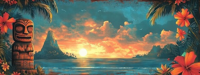 Tropical Tiki Design for Luau Celebration Invitations and Backgrounds with Floral Elements for Parties and Events in Hawaii Paradise Vacation Theme