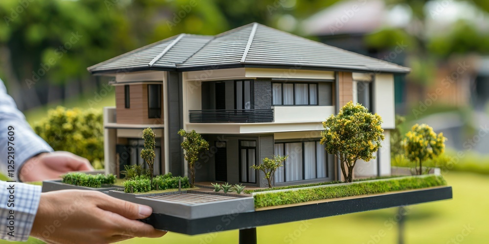 Poster a real estate agent showing a model home in a residential property development.