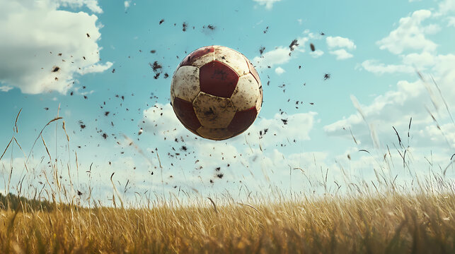 Football being kicked by an invisible force through a field with tall grass, football, outdoor. Invisible Beings. Illustration