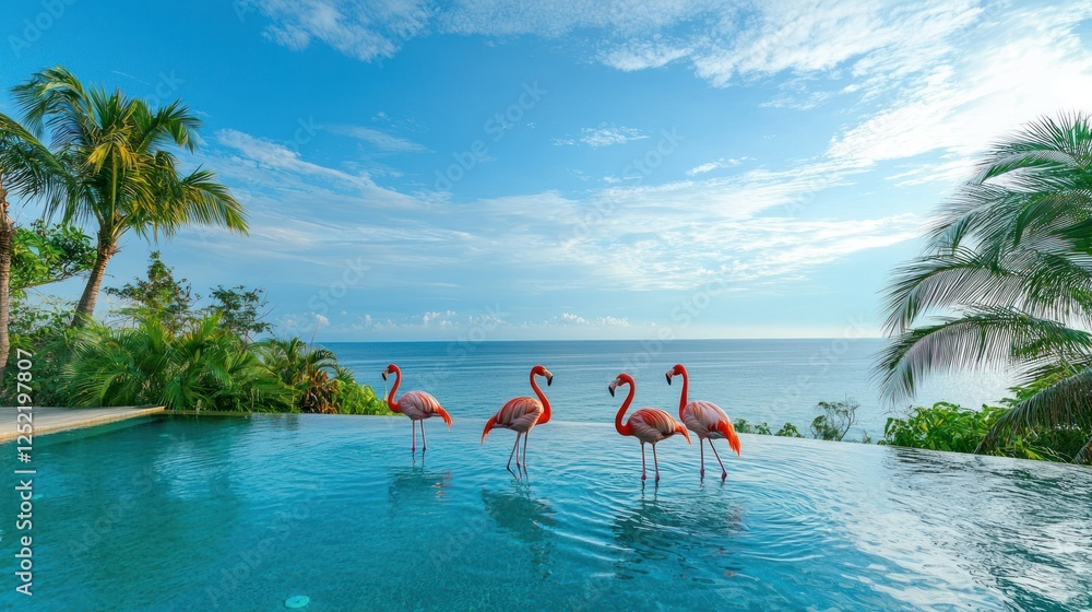 Poster a resort-style infinity pool with flamingos wading in the water, overlooking the ocean.