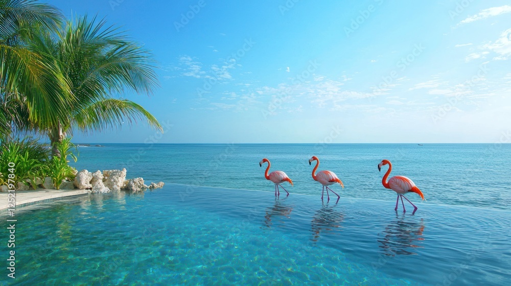 Poster a resort-style infinity pool with flamingos wading in the water, overlooking the ocean.