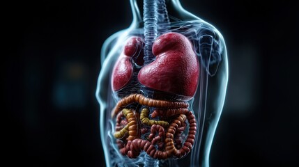 Anatomical illustration of human internal organs highlighting the respiratory and digestive systems