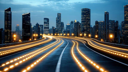 vibrant city skyline at night with illuminated roads and buildings