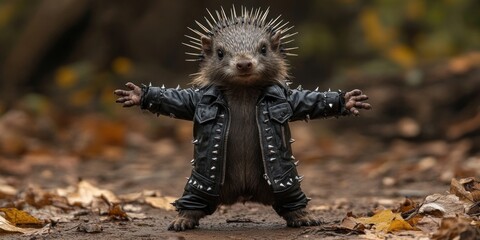 Obraz premium Porcupine in a punk spiked jacket, defensive pose, forest floor, rebellious attitude, sharp details