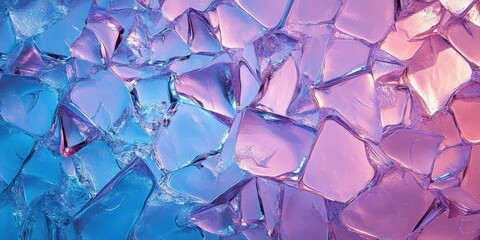 Abstract shimmering ice fragments reflecting blue and pink light