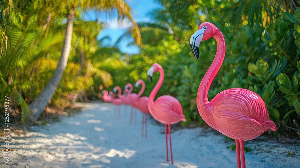 Poster A row of plastic flamingos displayed on a sandy path leading to a beach party 