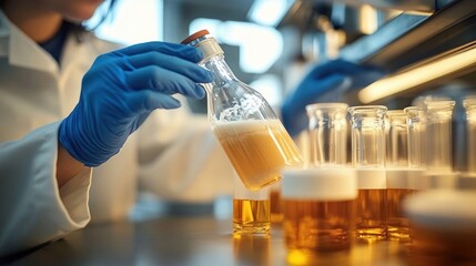 Scientist Testing Milk Samples in Modern Laboratory Setting with Creamy Liquid in Glass Bottle