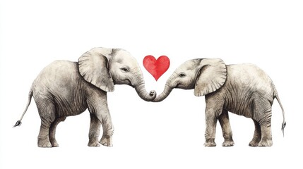 Fototapeta premium Two elephants, mother and child, standing side by side with a red heart placed between them, symbolizing love and connection on a white backdrop.
