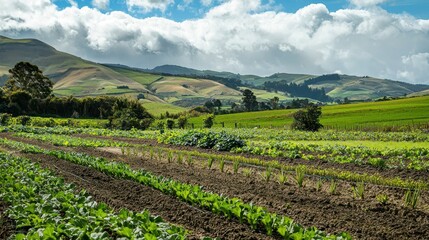 A rural vegetable garden scene with planting activity underway, framed by rolling hills in the background 