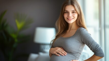 Expecting mother smiling while cradling her baby bump in a bright and cozy room
