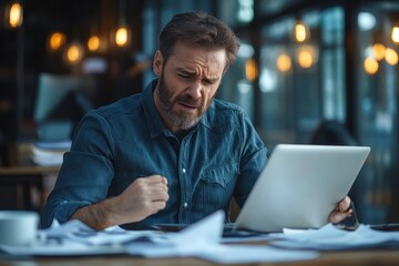 Frustrated office worker dealing with laptop issues in a modern corporate environment