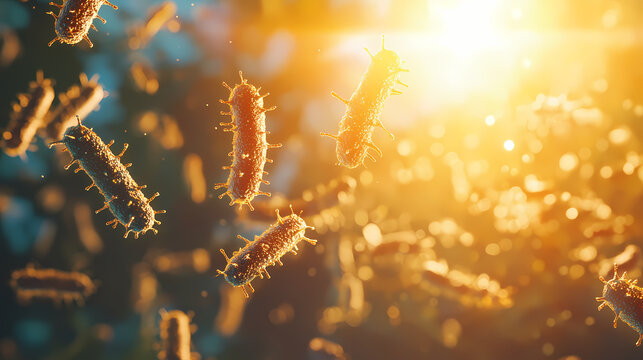 Microscopic bacteria in motion under a bright sunlit microscope slide. Invisible Beings. Illustration