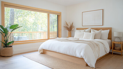 Fototapeta premium Cozy eco friendly bedroom with organic cotton bedding and natural light