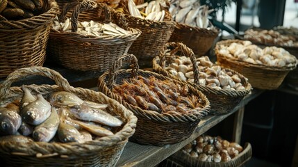 A rustic seafood market stall with an assortment of fish and shellfish displayed in woven baskets. 