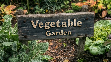 A rustic wooden sign reading Vegetable Garden placed at the entrance of a lush backyard garden. 