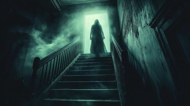 ghostly figure ascending stairs in dark moody haunting atmosphere eerie paranormal activity vintage photo