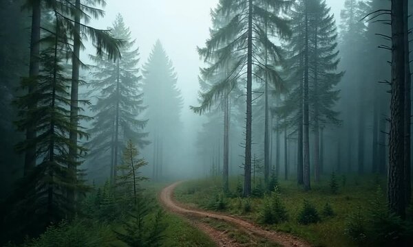 Misty forest path with tall pine trees.